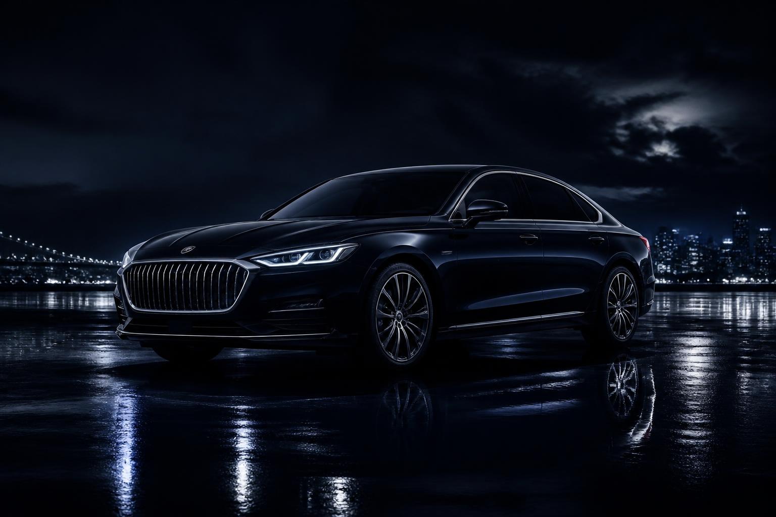 Dark car at night lit by chrome highlights, ready for mobile auto locksmith assistance